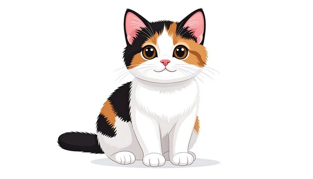 A cartoon calico cat with a white face and body