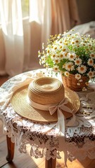 Woven Straw Hat with Ribbon and Daisy Bouquet on Lace Coffee Table