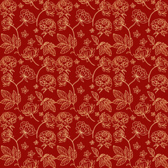 Elegant Red and Gold Floral Seamless Pattern with Peonies and Leaves for Textile and Wallpaper Design