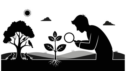 Man examines a small plant with a magnifying glass.
