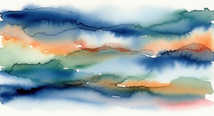 Naklejka premium Abstract Watercolor Landscape with Blue, Green, and Orange Hues.