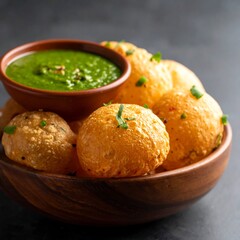 Round, fried dough balls piled in a wooden bowl, next to a bowl of bright green sauce on a gray backdrop
