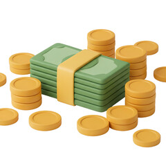 A stack of green paper money tied with a yellow band, surrounded by multiple stacks of golden coins on a white background, symbolizing wealth and finance.