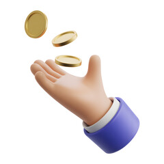 3D cartoon hand with blue cuff catching or tossing golden coins, symbolizing finance, income, or investment concepts.