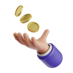 3D cartoon hand catching falling golden coins, symbolizing finance, income, or investment.