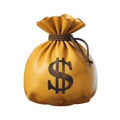 A yellow money bag with a prominent dollar sign, tied with a brown rope, symbolizing wealth and financial success, isolated on a white background.