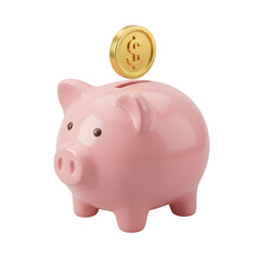 A vibrant pink piggy bank with a golden dollar coin being dropped into its slot, symbolizing savings and financial growth on a clean white background.