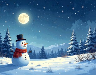 Snowman smiling in winter night. Moon shining, trees stand. Beautiful peaceful scene, gently falling snow