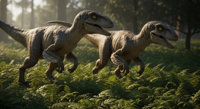 Two raptor dinosaurs running through a prehistoric forest. Jurassic era wildlife scene. Ancient world fantasy concept for game or movie.