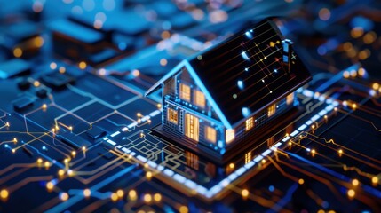 Obraz premium Digital House Model on Circuit Board Background with Neon Lights and Futuristic Design Elements