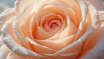 Macro photography of a soft peach rose in full bloom, showcasing its intricate swirling petals and warm, natural light