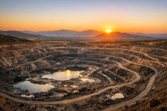 Open-Pit Mine at Sunset: An expansive open-pit mine, with layered terraces and winding roads, is illuminated by the golden light of a setting sun. The rugged landscape.