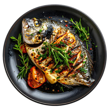 Grilled dorade with a side of roasted vegetables, a complete and nutritious mediterranean meal, isolated on a pure white background