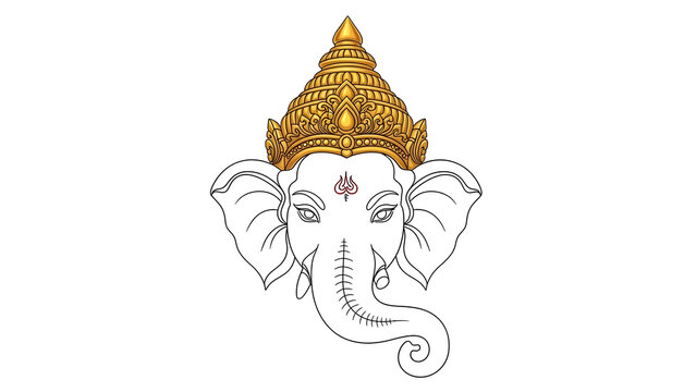 Minimal yet luxurious line outline of Lord Ganesha&rsquo;s head with a detailed 3D gold Mukut crown. A refined spiritual emblem of success and new beginnings.