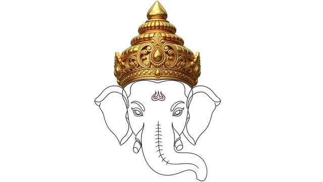 Clean single line outline vector of Lord Ganesha&rsquo;s head, featuring a richly carved 3D gold Mukut crown. A high-end spiritual icon symbolizing wisdom and prosperity.