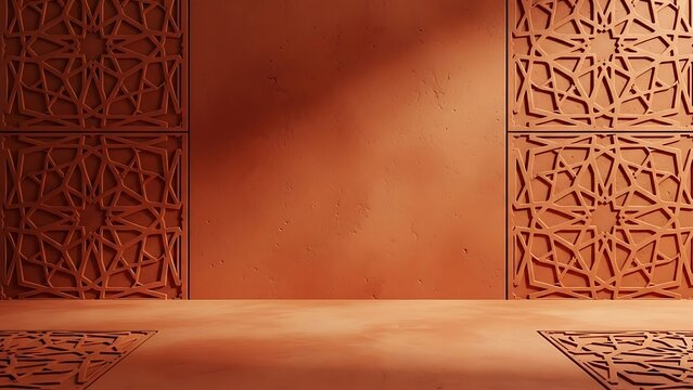 Warm Terracotta Islamic Patterned Wall and Floor with Sunlight.