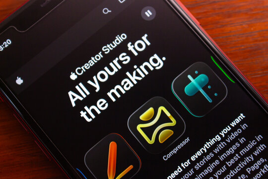 Quito, ECUADOR - Jan 20 2026 : Close-up of an iPhone showing the Apple Creator Studio banner, promoting Apple's creative tools and apps.