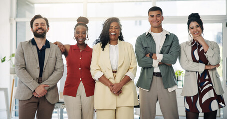 About us, laughing and management team with designer people in office for creative career....