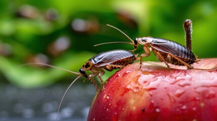 Close-up of Cockroaches on a Fresh Red Apple Surrounded by Green Background with Dew Drops
