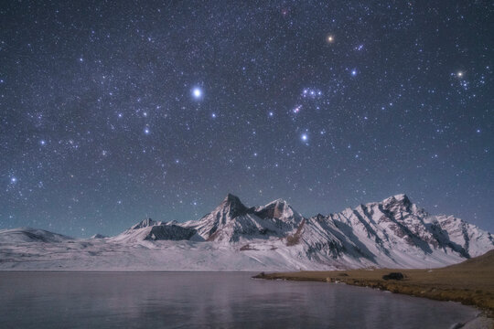 Ama Drimi Snow Mountain and Lake Under Starry Night Sky - Tibet Landscape
