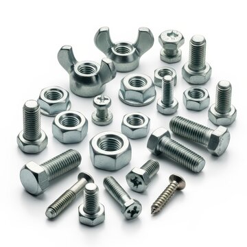 Assortment of Shiny Metal Bolts, Nuts, and Screws.