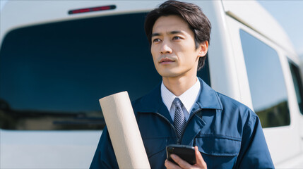 Asian engineer smartphone blueprint van uniform, thoughtful professional outdoor portrait confident expression