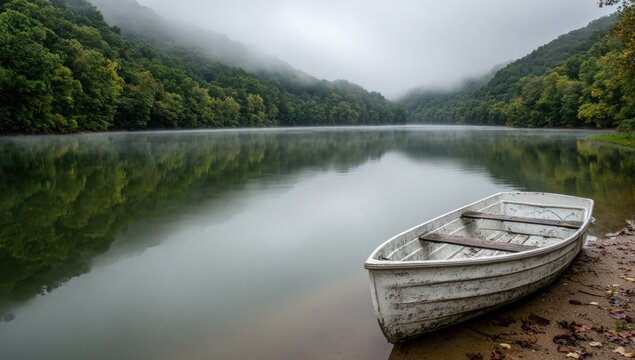 A white rowboat rests on a shoreline, facing calm waters, flanked by forested hills & mist