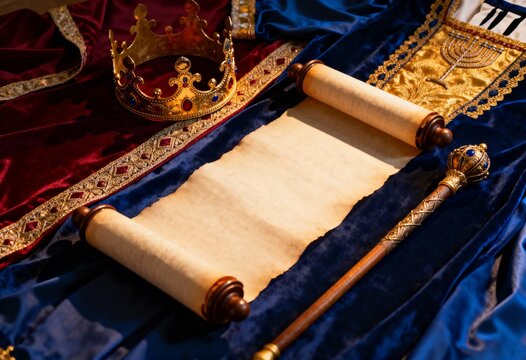 Royal crown and scepter with an open parchment scroll on blue velvet. Purim holiday concept with Megillah of Esther theme. Jewish tradition with gold menorah