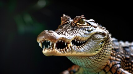 Fototapeta premium Majestic Close-up of a Crocodile Displaying Sharp Teeth and Detailed Scales with Intense Eyes Against a Dark Background