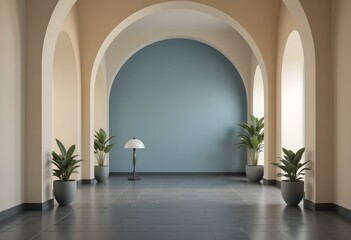 Serene Arched Hallway with Potted Plants and Modern Lamp in Minimalist Interior