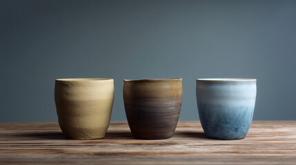 Handmade ceramic cup pottery rustic minimal wood table still life three cup tranquil arrangement wooden surface with soft light