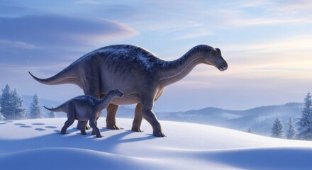 Fototapeta premium Sauropod dinosaurs, adult and young, walk in a snowy ice age landscape. Prehistoric life, paleontology, and natural history concept.