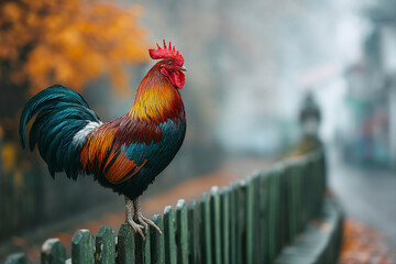 Crowing rooster at sunrise on a misty morning by a wooden fence Generative AI