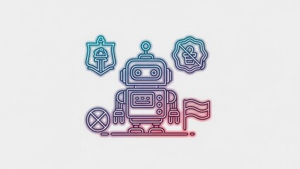 Obraz premium Vibrant neon outline robot illustration with diverse symbolic elements and futuristic digital