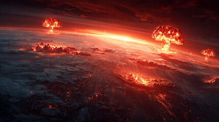 Obraz premium Conceptual Fantasy Global Nuclear Apocalypse, Earth from Space with Explosions, Mushroom Clouds, Burning Cities