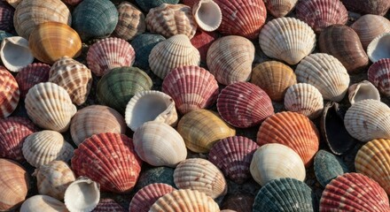 A close-up of a variety of colorful seashells, scattered across a surface