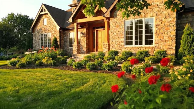 Beautiful suburban stone house with a vibrant garden and lush green lawn during golden hour