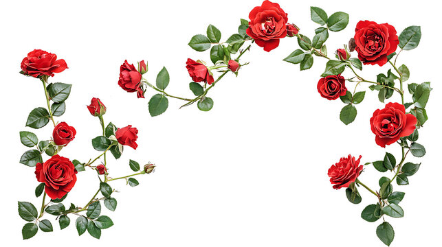 Red rose flowers and leaves in a corner floral arrangement, isolated on a transparent background.