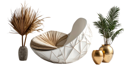 Unique, modern indoor scene features an egg-shaped chair and decorative plants on a black backdrop