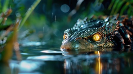 Fototapeta premium Close-Up of a Lizard with Vibrant Yellow Eyes in a Rainy Jungle Setting with Lush Green Foliage