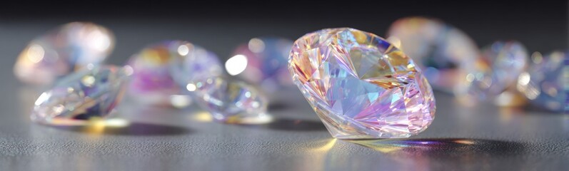 Close-up of several iridescent cut gems, with depth of field and soft lighting