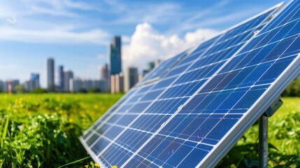 Fototapeta premium Sunlight Reflection on Solar Panels in Urban Field with Tall Buildings in Background Under Blue Sky