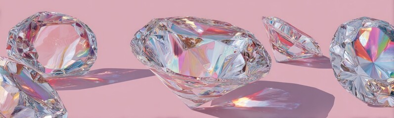 Sparkling, faceted gems in varying sizes against a soft pink background. Light reflects
