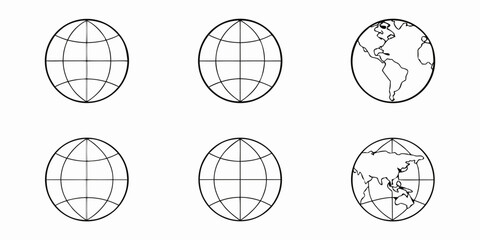 Six outline globes some showing landmasses arranged in a grid format © Ganesh
