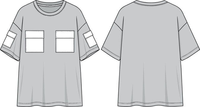 Oversized Streetwear T-shirt Technical Flat Sketch Template with Utility Cargo Chest Pockets and Drop Shoulder Sleeve Detail for Fashion Design