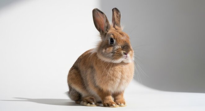 A fluffy, brown bunny with long ears sits against a plain white background, shadows present