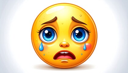 Fototapeta premium Round yellow cartoon face with large blue eyes, shedding tears, conveying a sad or worried emotion