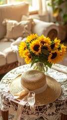 Woven Straw Hat with Ribbon and Sunflower Bouquet on Lace Coffee Table
