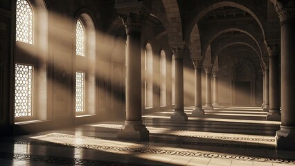 Sunlight streaming through arched windows illuminating a grand hall with columns.