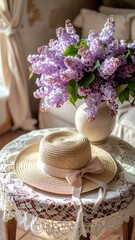 Woven Straw Hat with Ribbon and Lilac Bouquet on Lace Coffee Table